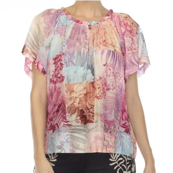 Johnny Was ESME Floral Peasant Boho Chic Lightweight Cotton Silk Blend Blouse - Picture 1 of 12